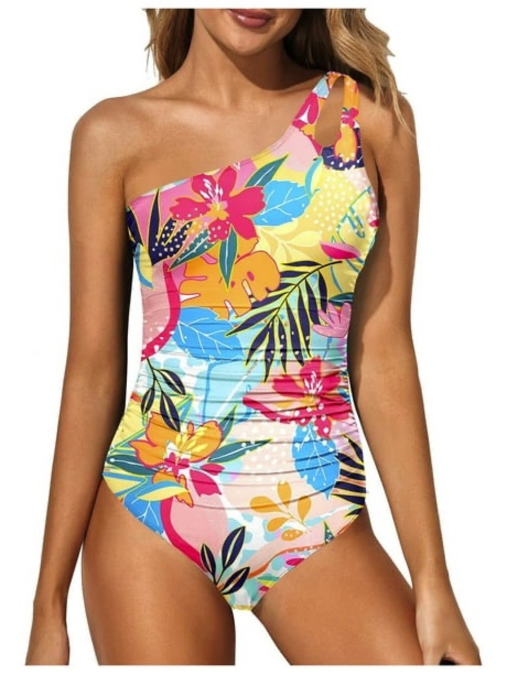 NWT- Tropical One-Shoulder  One-Piece Swimsuit - Multi
